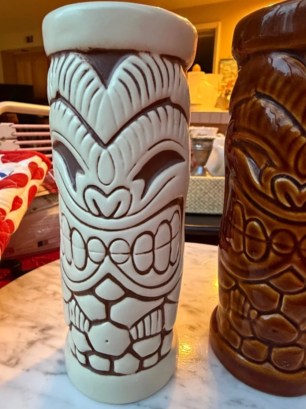 Ceramic Drew Brophy Tiki Mugs Set of 2 - Cream & Brown Bar Tumblers collectible